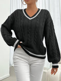 Striped trimmed twisted flower knitted shoulder sweater