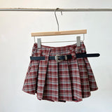 Y2K Checkered Pleated Skirt with Belt Thick Woolen Plaid Short Skirt Teen-girl 9s Preppy Style Autumn Winter Outfit