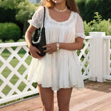 Pbong  Casual Loose White Mini Dress Women Summer Short Sleeve O-neck Lace Short Dresses Elegant