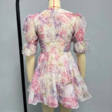 Fairy Fashion Sweet Elegant French Deep V Neck Short Sleeve Dress Constrast Color Flower Print A-line Clothe Chiffon Women Dress