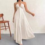 Pbong  Elegant Backless Neck Hanging Strap Dress Sexy Beach Vacation Pure Desire Style Women's Dress Summer Spring Autumn Season