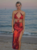 Metal Patchwork Sexy Backless Maxi Dress Women Butterfly Lace-Up Halter Irregular Hollow Splits Beach Party Vestidos