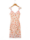 Pbong  Sexy Small Flower Print Deep V neck Mesh Sling Dress Woman Ruched Package Hips Spaghetti Strap Mini Party Dresses Bodycon