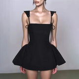 Black Y2K Retro A-line Short Dress Summer Bandage Elegant Chic Slip Women Dress 2025 New Fashion Square Collar Party Dresses