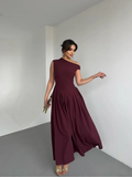 Women Fashion Slanted Shoulder High Waist Pleated Dress Elegant Sleeveless V-neck Long Robes Vocation Beach Street Vestidos