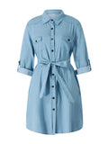Pbong  Women Autumn Denim Shirt Dress Solid Color Long Sleeve Button-Down Lapel Short Dress with Belt