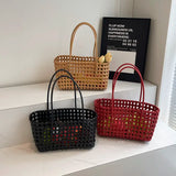 Small Solid Color Weave Tote Bags for Women Fashion Summer Shoulder Bags Simple Handbags Hollow Out Beach Bag