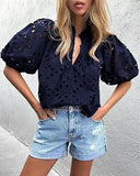 Pbong  Fashionable Casual Lace Embroidery Women's Shirt V-Neck Button Hollow out Lantern Sleeve Summer Top Cross-Border Clothing