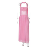 Scarf Collar Backless Sexy Maxi Dress For Women Gown Pink Strapless Off-shoulder Backless Mesh Long Dress Vestido