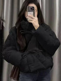 Women Fall Winter Jacket Bow Outwear Vacation Attire Black Casual Stand Collar Puffer Bow Jacket Solid Christmas Business Coat
