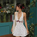 Cherry Print V-Neck Sleeveless Sexy Backless Casual Halter Mini Dress Y2K Spring Summer Streetwear Party Women Vestidos