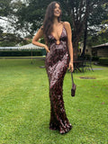 Sexy Sequin Deep V-neck Sling Party Dress Women Elegant Glitter Sleeveless Waist-cinching Evening Dresses Chic Beach Robes