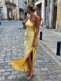 New Summer Fashion Backless Vacation Party Vestidos Satin Sexy Slim Slant Shoulder Solid Color Slit Casual Long Dress Vestidos