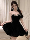 Black Velvet Womens Dresses Sexy Strapless Backless Wedding Party Mini Dress Slim Waist Prom A-Line Vestidos Female Clothes New