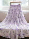 Purple Floral Chiffon Long Skirt Women High Waist Sweet Vintage Elegant Skirts Korean Casual Summer Soft Retro Long Skirts