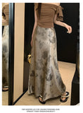 Retro Tie Dye Satin Long Skirts Women Elegant Korean Vintage Slim Trumpet Skirt Casual Summer Sweet Comfortable Long Skirt