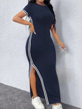 Pbong  Black Slim Fit Round-Neck Maxi Dress with White Stripe Trim and Side Slit
