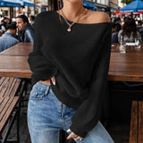 Lunivop  Women's Winter Clothing Off Shoulder Loose Fit Long Sleeve Solid Color Ribbed Crew Neck Sweater Women's Cheap Clothing Free