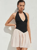 Halter V Neck Sexy Mini Dress Women Patchwork Contrast Colors Sleeveless Backless High Waist A-line Club Dress