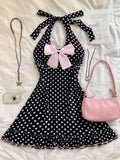 Pbong  Women's Vintage Casual Fashionable Daily Versatile Outdoor Mesh Polka Dot Print Pink Bow Decor Double Ruffle Splice Cinc