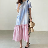 Pbong  Chic round Ne Striped Color Blo Loose Knee-Length Midi Dr Women's Frou Frou Skirt Commute Sle ort Sve Summer Dr