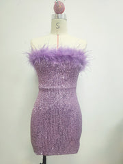 Sexy Strapless Sequins Feather Bodycon Mini Dress Elegant Purple Shiny Sequin Luxury Evening Dress Women Party Cocktail Dresses