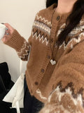 Fair Isle Sweater Cardigan Women Long Sleeve Button-Up Crewneck Knitted Jacket Cardi Female Knitwear Fall Winter Vintage Outfit