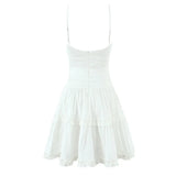 Pbong  Women Sexy White 3D Bow Ruched Front V neck Sling Dress Low Waist Wood ears Ruffles Swing A line Mini Dresses Party Robe