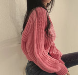Korean Loose Long Sleeve Sweaters Fashion Women Harajuku Lantern Knit O-Neck Solid Basic Jumpers Autumn Winter Soft Warm Sweater