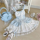 2000s Harajuku Vintage Lolita Dress Y2k Lace Strap One Piece Dress Korean Japan Style Kawaii Sweet Sleeveless Short Party Dress