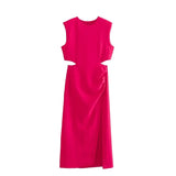 Pbong   Elegant Rose Red Party Dresses for Woman Ruched Sleeveless Split Cut Out Midi Dress Ladies Commuting Streetwear Vestido