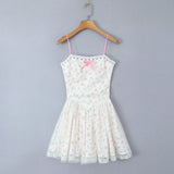 Pbong  Sweet White With Pink Flower Spliced Mesh Lace Sling Dresses Women Low Waist Swing A-line Short Dresses Party Robe Vestidos
