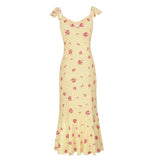 Pbong  Floral Print Ruffle Sleeve Mermaid Dress Sweetheart Neck Tie-Front Bodycon Summer Romantic Women Vacation Chic Vestido