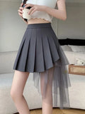 Pbong  Mesh Patchwork Pleated Skirts Women High Waist Fashion Slim Sexy Mini Skirt Korean Sweet Preppy Style Spring Summer A Line Skirt