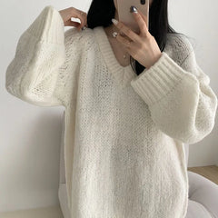 Autumn Winter Women Knitted Sweaters Fashion Korean Oversized Simple V Neck Pullover Harajuku Solid Puff Sleeves Casual Jumpers
