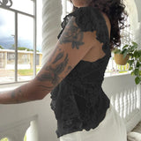 Fairy Coquette Tank Top y2k Women Sheer See Through V Neck Sleeveless Double Layered T Shirt Lace Vest Club Streetwear