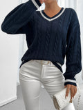 Striped trimmed twisted flower knitted shoulder sweater