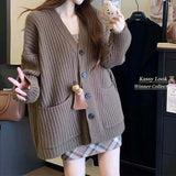 Oversized Cardigan Women Long Sleeve Pocket Front Button-up Rib Knit Sweater Jacket Teen-girl Autumn Winter Preppy Daily Outfit