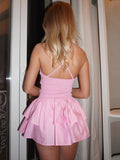 High Waist Ruffled Dress For Women Sexy V neck Halter Backless Suspender Dress Fashion Splice Solid A-line Mini Dress