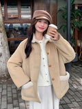 Women Faux Lamb Suede Jacket Winter Warm Long Sleeve Sweet Cotton Coat Korean Pockets Female Thick Vintage Outwear Tops