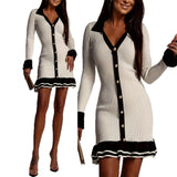Pbong  Autumn Winter New Women's Clothing Elegant High Waisted Long Sleeved Ruffle Edge Knitted Dress Sexy V-neck Short Frock
