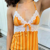 American Spce Girl Lace Edge Style Tank Tops Y2k Aesthetic Constrast Color Striped Punk Camisole Harajuku Slim Waist A-line Tees