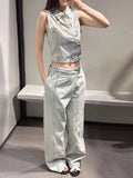 Pbong  Light Wash Denim Vest & Wide Leg Pants Two-Piece Set Asymmetric Button Spring Summer Fashion Streetwear Casual Denim Set