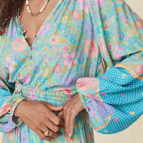 Pbong  Open Button V neck Flower Print Full Raglan Sleeve Bodysuits Women Elastic Bow Sashes Short Jumpsuits Romper Holiday