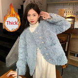 Women Sweet Cute Faux Lamb Coat Winter Warm Thick Slim Long Sleeve Vintage Jacket Korean O Neck Elegant Pearls Buttons Tops New