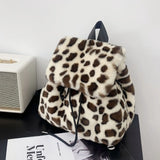 Pbong  Plush Backpack Imitation Rabbit Fur Backpack Student Girl's Large Capacity Drawstring Leopard All-Match
