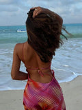 Sexy Backless Lace Up Printed Dresses Women Irregular Hem Ruffles Sling Beach Dress Female Summer Sleeveless Robe Holiday Street