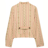 Pbong  Jacquard Stripe Floral Jacket Ruffle Collar Button Front Autumn Women Vintage Sweet  Fashion Outfit Date Trendy Outerwear