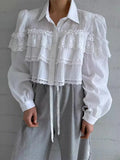 Pbong  Korean Chic Shirts Lace Patchwork Folds Solid Color Long Sleeve Crop Tops Fashion Design Loose Blouses New Women's Clothing