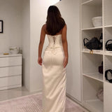 Pbong  Elegant Party Maxi Dresses Women Summer Fashion Sleeveless Off The Shoulder Bandage Evening White Long Dress Sexy